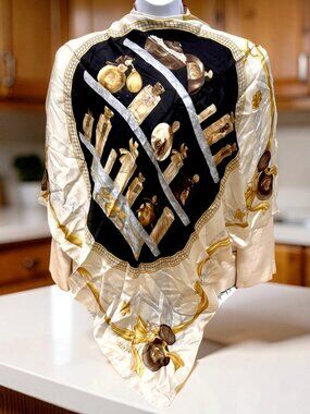 Vintage Perfume Lanvin Paris 100% Silk scarf 34" ivery beige black  Floral  (36